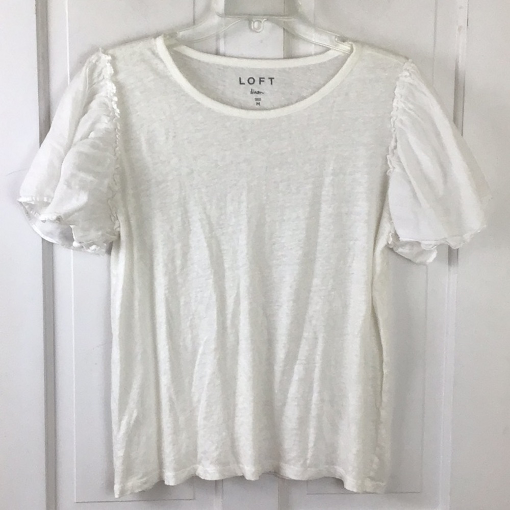 LOFT Linen White Top Size M Flutter Sleeves